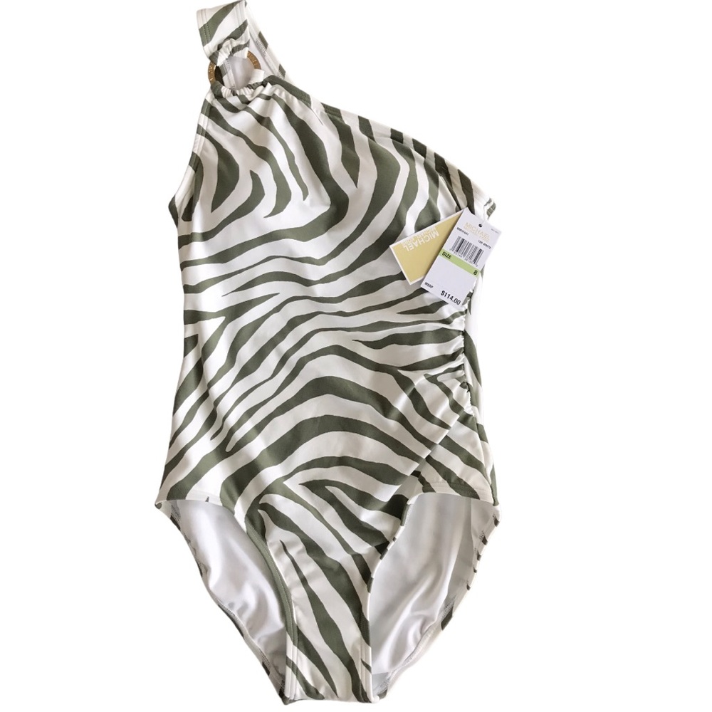 Michael Kors Zebra Print One Shoulder Ring Logo One Piece Swimsuit. Size 8 NWT